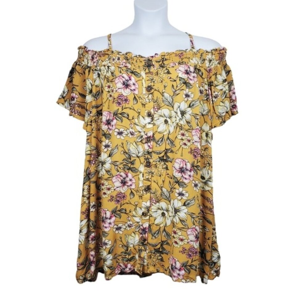 Torrid Womens Short Sleeve Yellow Floral Print Cold Shoulder Top Size 4X NWT